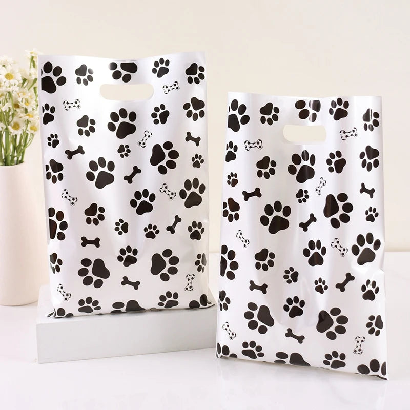 10/20/50pcs Dog Paw Black White Gift Bags with Handle - Plastic Animal Theme Party Decoration Candy Goodie Bags for Pet Treats