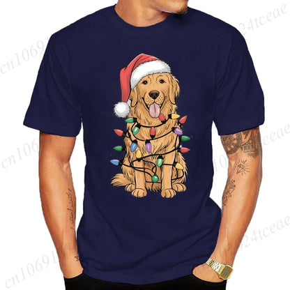 the GOLDEN CHRISTMAS - New Men's T-Shirts Christmas Golden Retriever Print T-Shirts, Round Neck Short Sleeve Casual T-Shirt, Happy New Year Dog Shirts