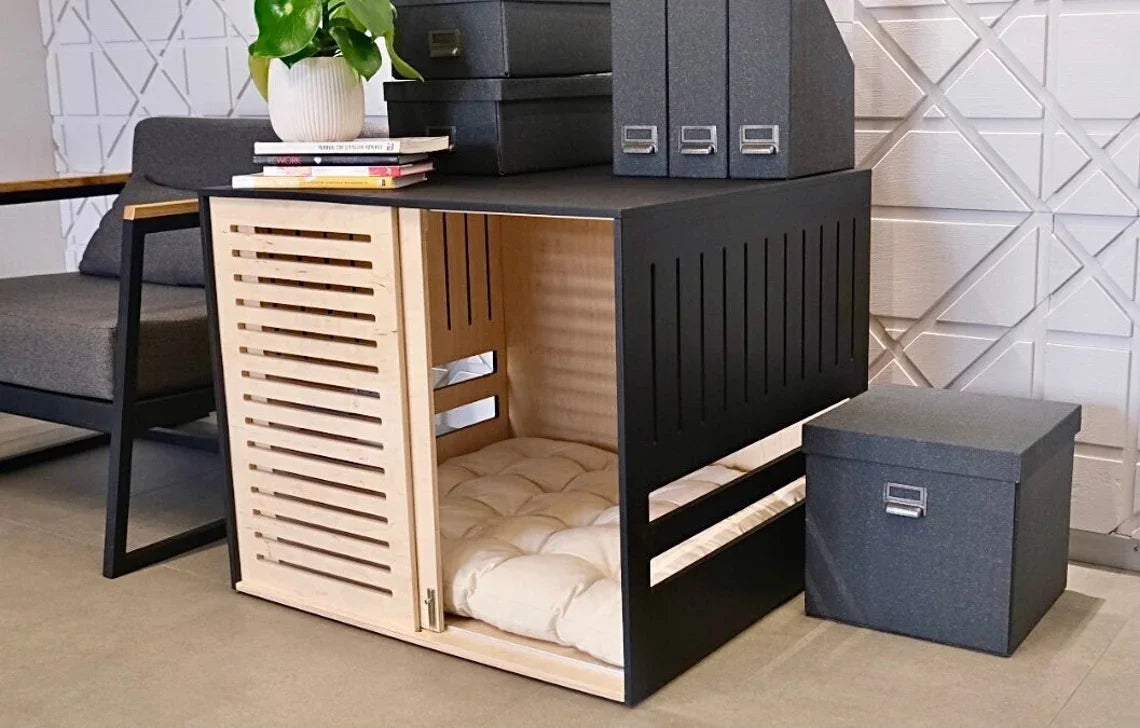 the ZEN DOGGY - Modern Wooden Dog Crate with Acrylic Front Panel and Door with A Latch, Wooden Dog Crate Furniture