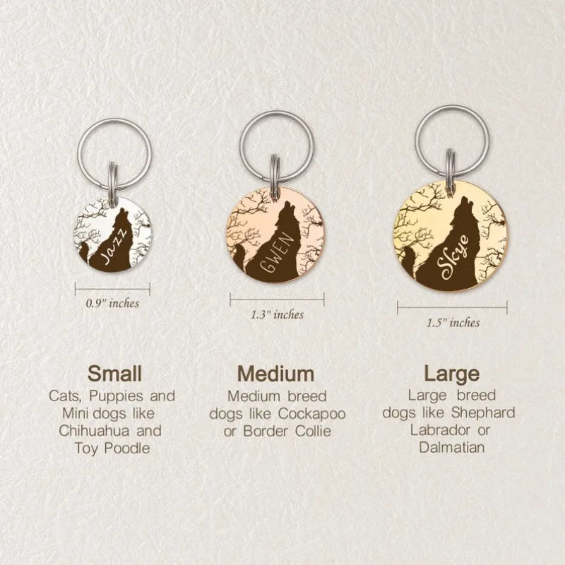 the LONEPAW WOODLAND ID - Custom Wolf and Tree Pet ID Tag, Personalized Free Engraved Keychain for Cat/Puppy/Dog Tag, Pendant Keyring Round Pet Accessories