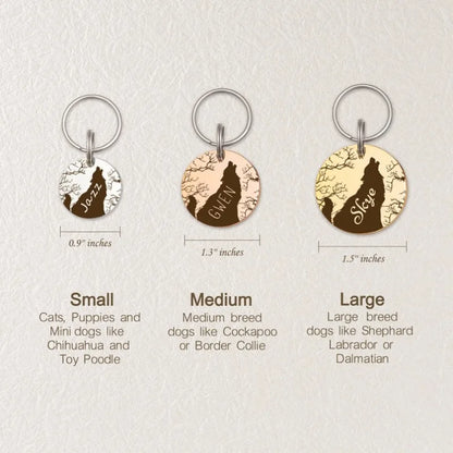 the LONEPAW WOODLAND ID - Custom Wolf and Tree Pet ID Tag, Personalized Free Engraved Keychain for Cat/Puppy/Dog Tag, Pendant Keyring Round Pet Accessories