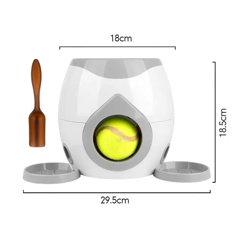 the TENNIS BALL THROWER & TREAT REWARDER - Pet Interactive Toy 2 in 1 Tennis Ball Throwing Training Food Reward Machine Dog Interactive Training Smart Automatic Feeder