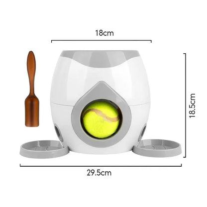the TENNIS BALL THROWER & TREAT REWARDER - Pet Interactive Toy 2 in 1 Tennis Ball Throwing Training Food Reward Machine Dog Interactive Training Smart Automatic Feeder
