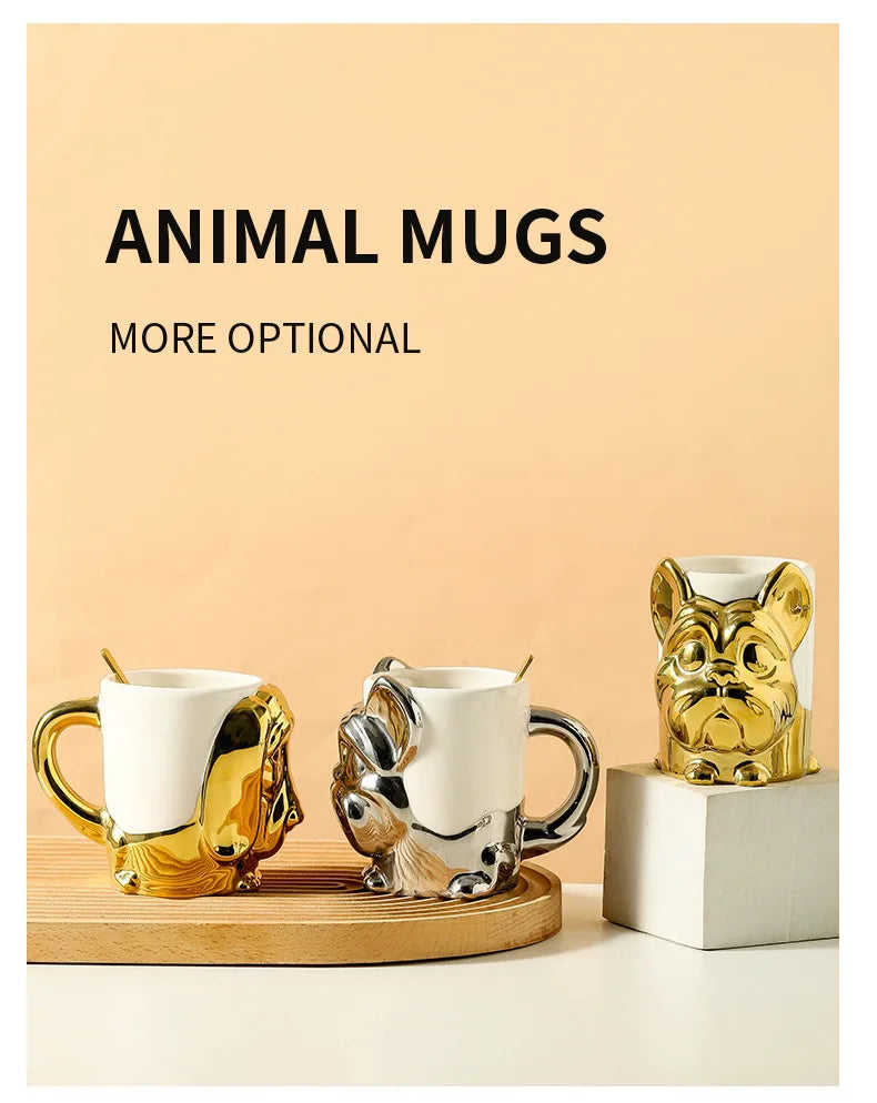 1pc Creative Stereo Dog Coffee Cup Cartoon Animal Tea Cup Gold Plated Silver Dog Ceramic Mug Couple Gift Oatmeal Mug Home Decor