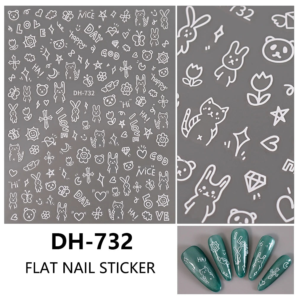 3D Flat Cute Cartoon Nail Stickers Doodle Cat Dog Heart Star Flower Nail Art Stickers Women DIY Manicure Decoration Decals