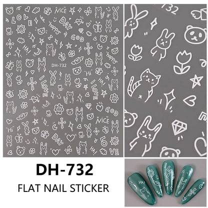 3D Flat Cute Cartoon Nail Stickers Doodle Cat Dog Heart Star Flower Nail Art Stickers Women DIY Manicure Decoration Decals