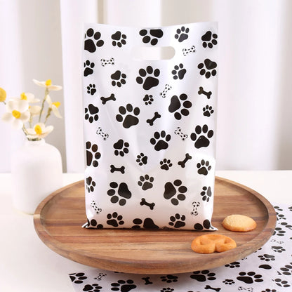 10/20/50pcs Dog Paw Black White Gift Bags with Handle - Plastic Animal Theme Party Decoration Candy Goodie Bags for Pet Treats