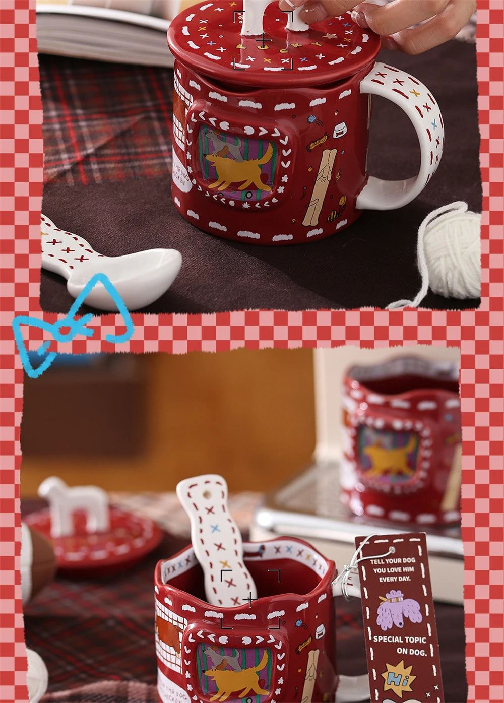 Cartoon Cute Ceramic Mug Dog Red Cup Lid Creative Christmas Water Cup Kitchen Accessories Coffee Cup Dust Cover Holiday Gift