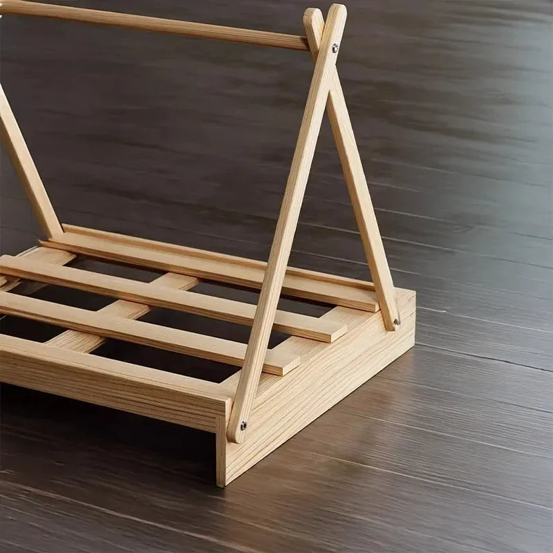 the POW-WOW PET BED - Wooden Oxford Cloth Dog Bed, Elevated Moisture-Proof Tent, Enclosed Safety House All-Season Dog Shelter with Frame Support