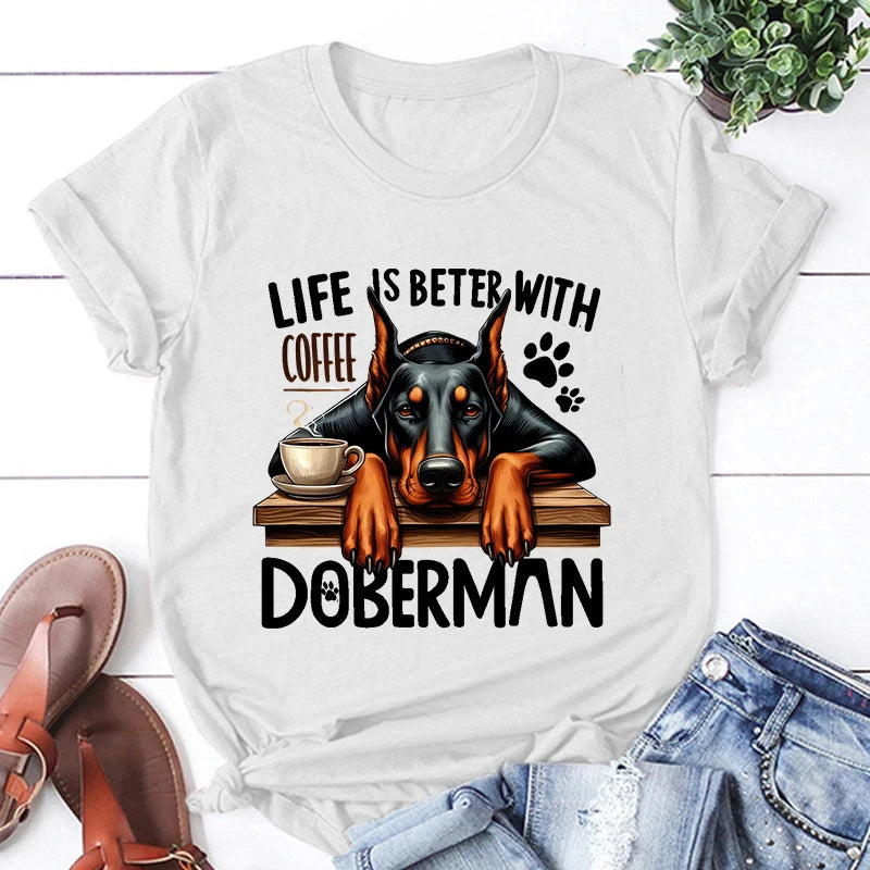 the BETTER LIFE - Hot Life Is Better with Coffee Doberman Graphic Short Sleeve T-Shirts for Men/Women, Shirts Loose T-Shirt, Casual Summer T-Shirts