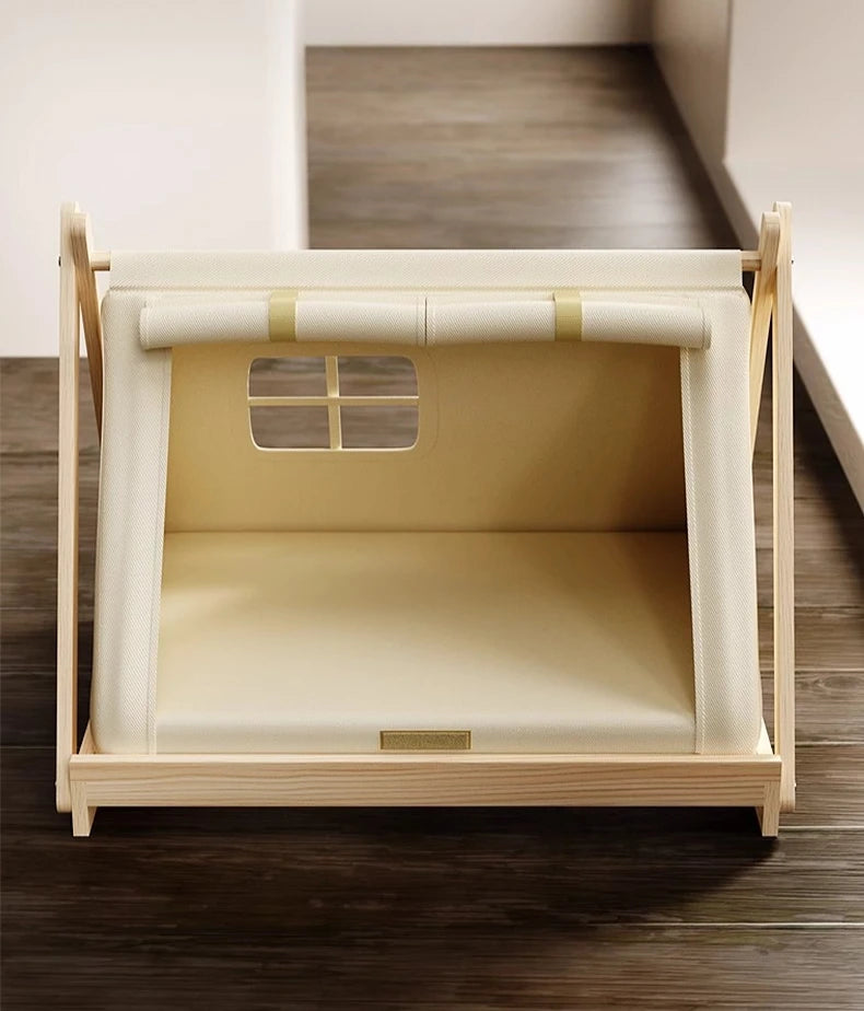 Indoor Dog Tent Pine Wood Dogs Tents Beds Cushion Removable Breathable Dog House Closed Moisture-proof Pet Cat Double Door Tent