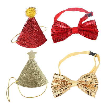 the GOLD/RUBY BIRTHDAY DOG - 4PCS Pet Birthday Hat, Bow Tie Set for Small/Medium Dogs & Cats, Shiny Sequins Party Accessories, Pet Dog Birthday Hat Set