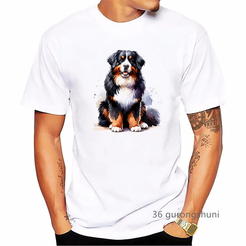 the BERNESE - Bernese Mountain Dog Animal Printed T-Shirt, Men's Clothing Funny White T-Shirt, Homme Summer Fashion T-Shirt