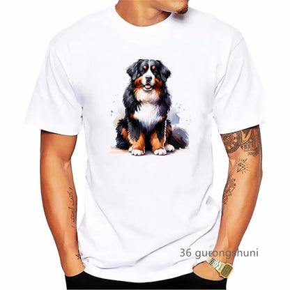 the BERNESE - Bernese Mountain Dog Animal Printed T-Shirt, Men's Clothing Funny White T-Shirt, Homme Summer Fashion T-Shirt