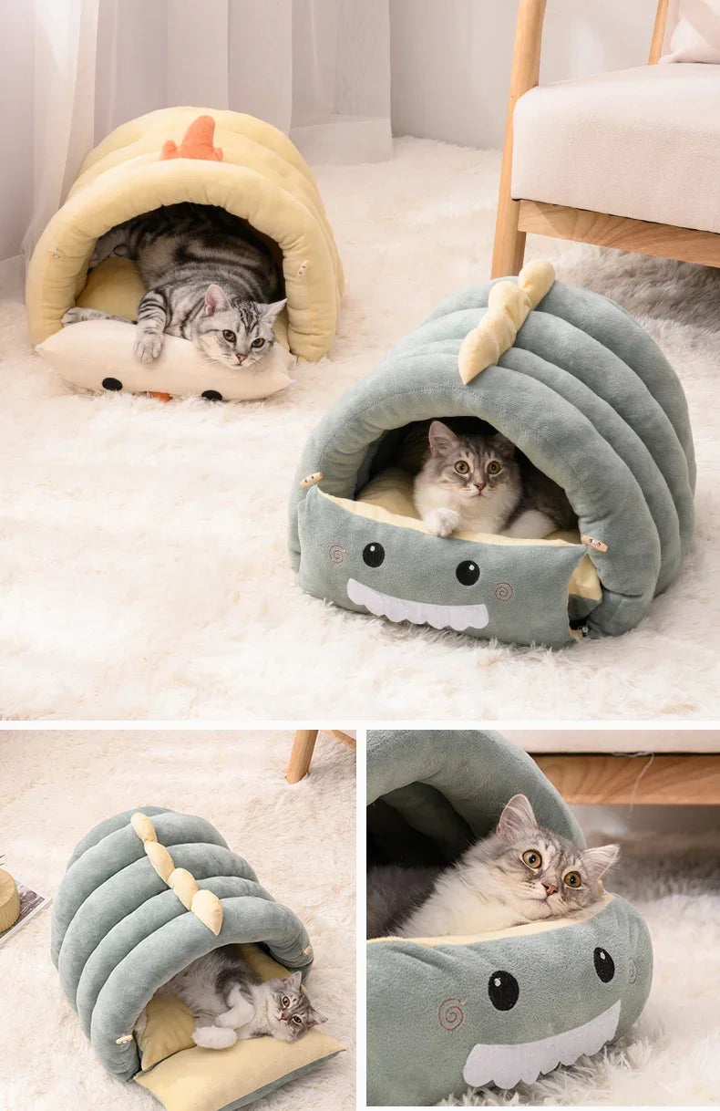 2 In1 Dinosaur Pet Dog House Foldable Cat for Small Dogs Bed Winter Warm Puppy Pads Sofa Removable Sleeping Kennel Nest Products