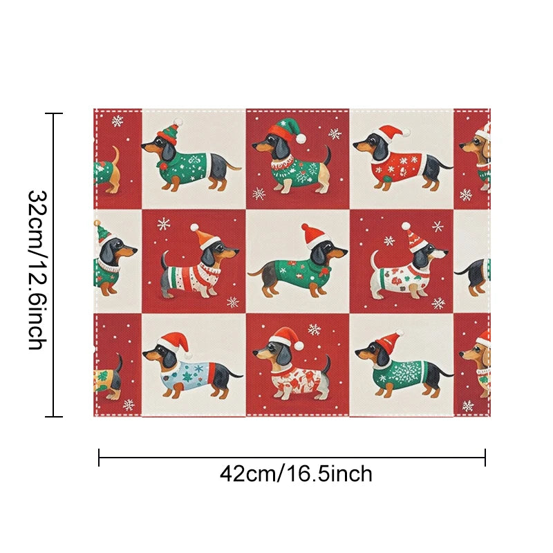 Christmas Snow Fun Dachshund Dog Table Mats for Kitchen Dinner Christmas Tree Coasters Coffee Tea Cup Pads Dish Placemat