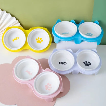 Cat Bowl Ceramic Double Bowl Water Bowl Cervical Protection High Foot Diagonal Cat Food Pot Drinking Pet Dish Pet Supplies