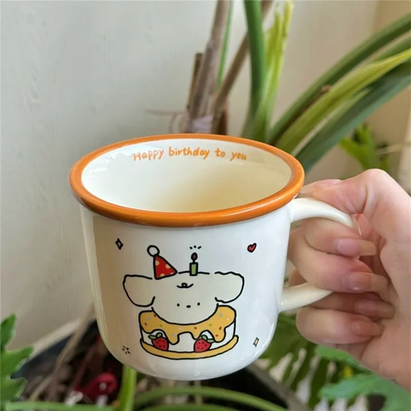 1Pcs Ins Cute Happy Bear Ceramic Mug Kawaii White Puppy Cartoon Coffee Mug Fashion Vintage Afternoon Tea Cup Pair Couple Gift