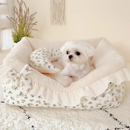 Pet House Bed Cats Small Dog Sofa Cat Nest Rural Style Pure Cotton with Lotus Leaf Edges Detachable and Washable Pet Supplies