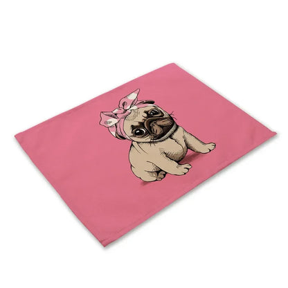 Pug Dog Pattern Cotton Linen Pad Dining Table Mats Coaster Bowl Cup Mat Pattern Kitchen Placemat 40*30cm Home Decor