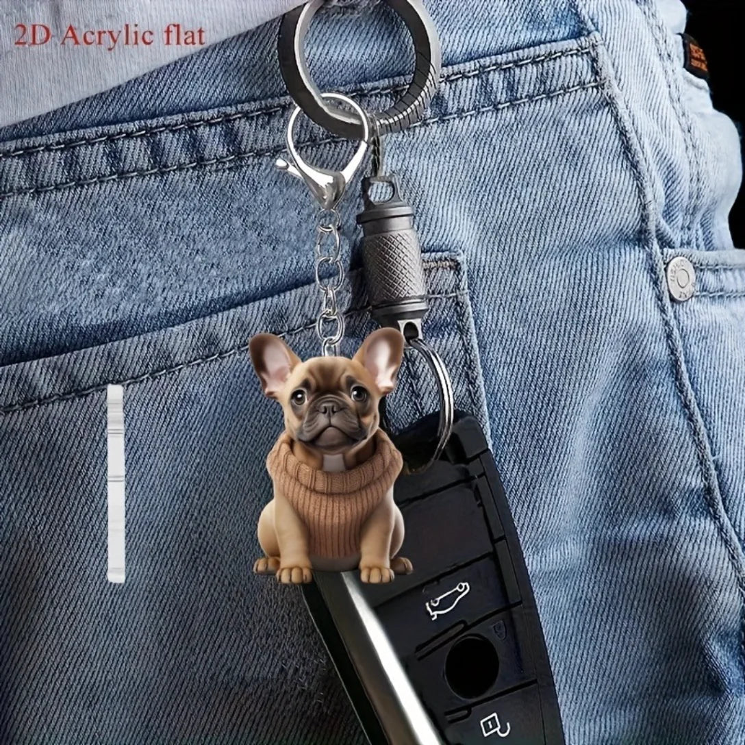 French Bulldog in Sweater Pendant Keychain,Cartoon Puppy 2D Flat Acrylic Ornament,Hanging Decoration for Car,Bags,Festive,Gift