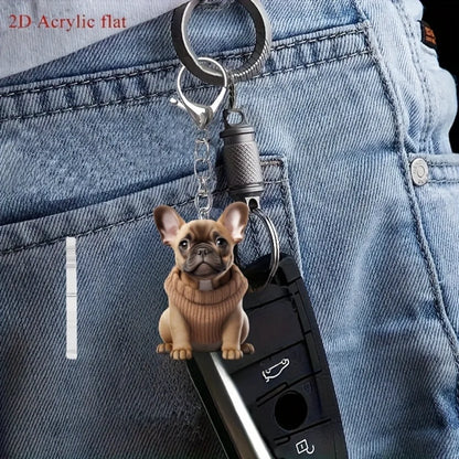 French Bulldog in Sweater Pendant Keychain,Cartoon Puppy 2D Flat Acrylic Ornament,Hanging Decoration for Car,Bags,Festive,Gift
