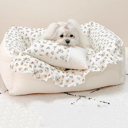 Pet House Bed Cats Small Dog Sofa Cat Nest Rural Style Pure Cotton with Lotus Leaf Edges Detachable and Washable Pet Supplies