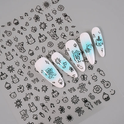 3D Flat Cute Cartoon Nail Stickers Doodle Cat Dog Heart Star Flower Nail Art Stickers Women DIY Manicure Decoration Decals