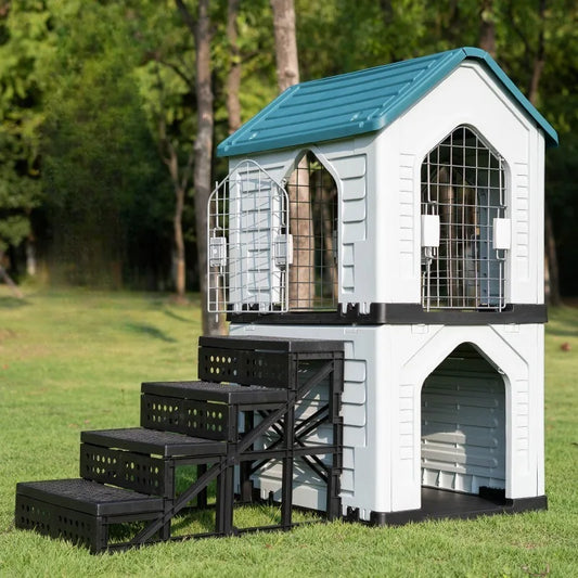 the DOUBLE DECKER DOGHOUSE - Dog Villa with Two Floors, Outdoor Doghouse, Dogs Cage Suitable All Seasons in Summer Rainproof, Outdoor Waterproofing Cat/Dog House