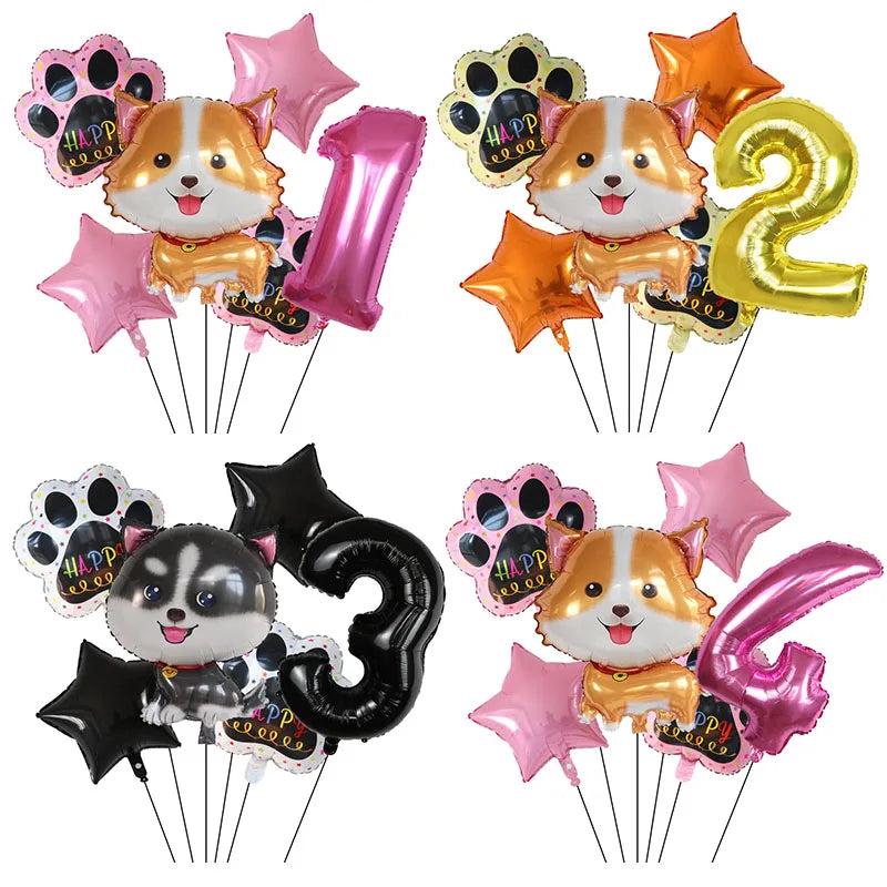 6pcs Corgi Husky Helium Balloons Pet Dog Paw Bone Cartoon Animal Ballon Birthday Party Decoration Baby Shower Globos Kids Toys