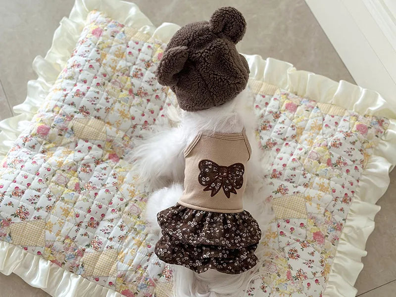 Pet Flower Plush Coat Dog Flower Cake Skirt Cute Dog Plush Hat Dog Clothes Winter Bear Flower Plush Thick Vest Coat Bottom Skirt