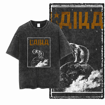 the SPACE TRAILBLAZER - DCA Laika Dog Printed Acid Washed Cotton Streetwear Exclusive Graphic Unisex T-Shirt, Cool Vintage Men T-Shirts