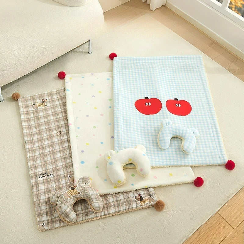 2pcs/set New Style Pet Sleeping Pad Winter Dog Blanket Cat Cushion Universal Comfortable Dog Quilt with Pillow Pet Supplies