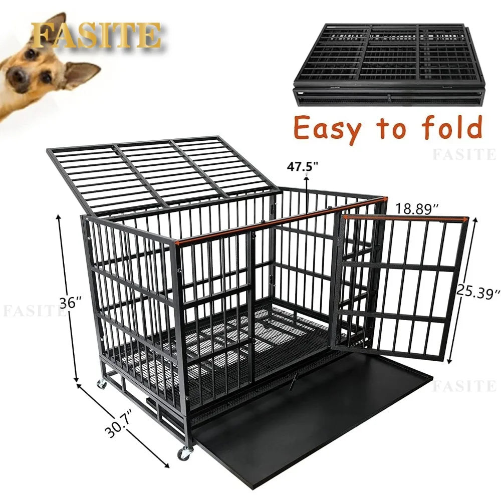 the IRON MAIDEN DOG CRATE - 48/38 Inch Heavy Duty Dog Crate, Cage Kennel with Wheels, High Anxiety Indestructible, Sturdy Locks Design, Door and Removable
