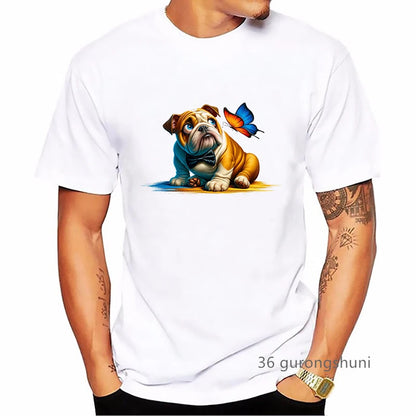 the CHUBBY BULLDOG - Chubby Bulldog Animal Printed T-Shirt, Men's Clothing Funny Kawaii Dog Lover T-Shirt, Homme Harajuku Shirt, Summer Tops Streetwear