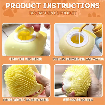 Silicone Soft Rubber Pet Massage Shower Brush with Builtin Shampoo Storage Self Cleaning Detangling for Dogs Cats Grooming Brush
