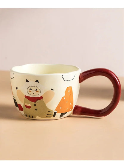 350ML Cartoon Hand Painted Bunny bear Coffee Cups Irregular Ceramic Mug Large Handle Home Office Milk Water Cup Kid's Gifts