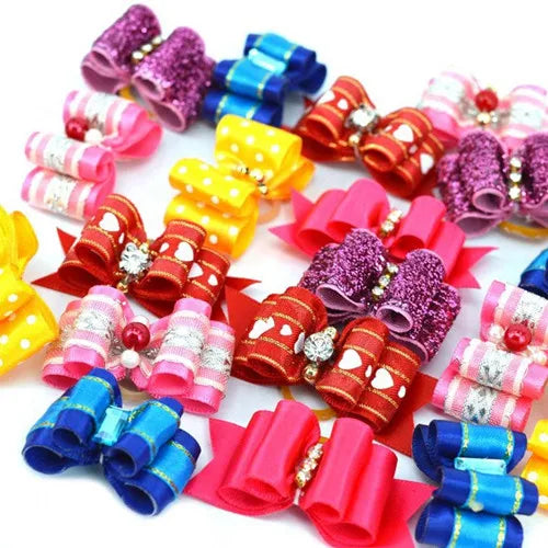 20pcs Pet Dog Cute Hair Bows with Rhinestone&Flowers Ribbon Bows Dog Hair Accessory Dog Groomining Pet Supplies