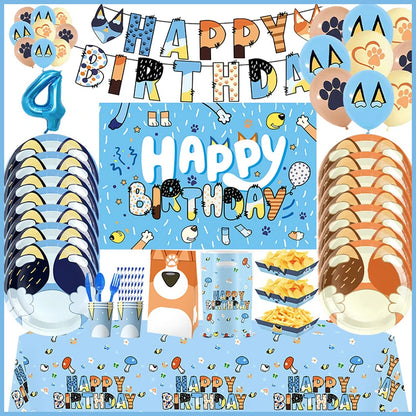 New Cartoon Dog Birthday Party Decoration Setup Boys Children Blue Dogs Party Favor Tableware Plate Napkin Cup Supplies Full Set