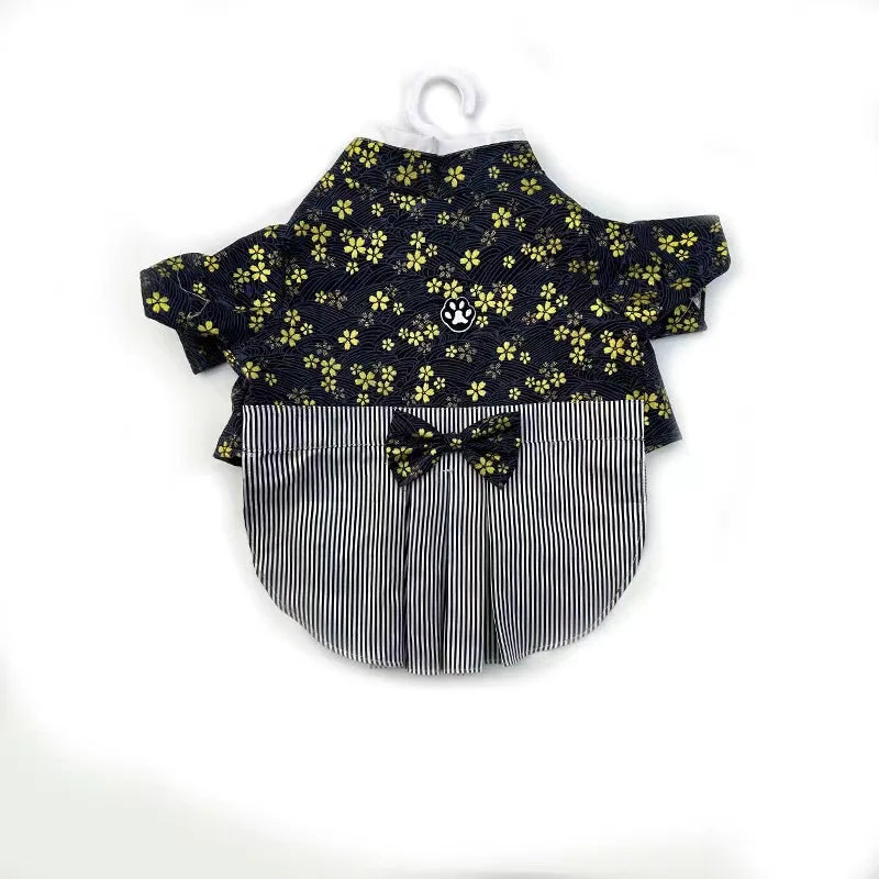 Adorable Brocade Pet Kimono Dress Japanese Style Pet Dress Floral Bowknot Pet Costume for Dogs Cats