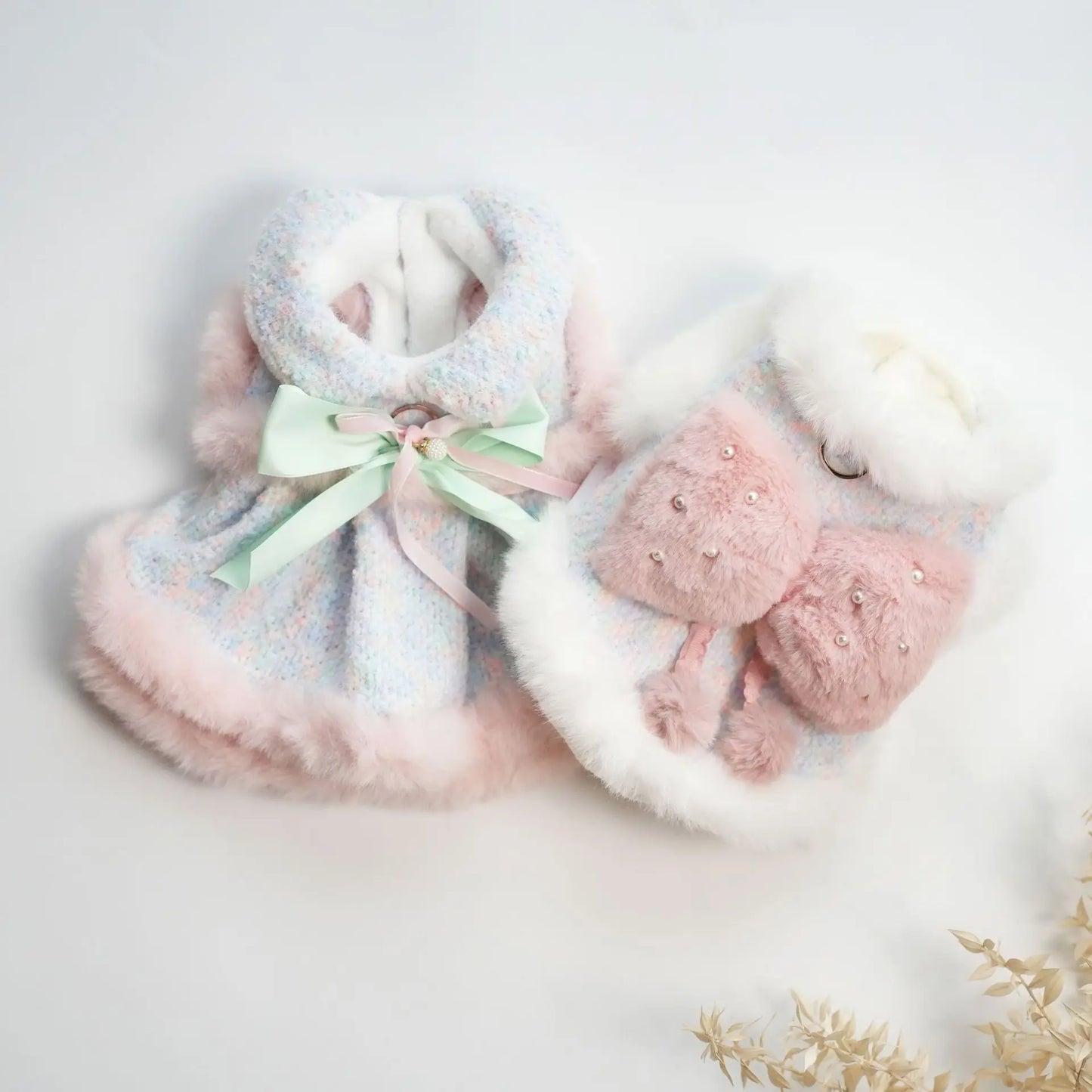 Pet Colorful Bow Set Skirt Autumn/Winter Bow Plush Coat Dress Warm Clothes Teddy Clothes Puppy Clothes for Small Dogs