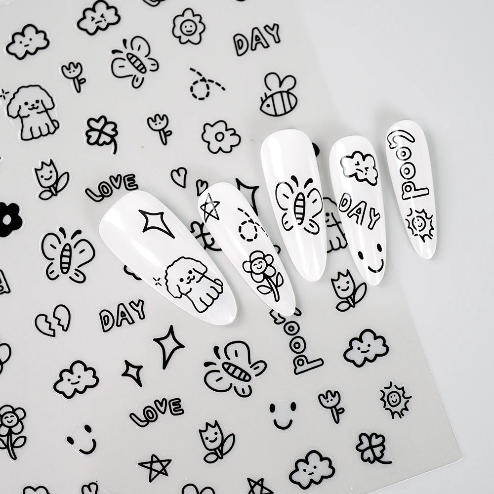 3D Flat Cute Cartoon Nail Stickers Doodle Cat Dog Heart Star Flower Nail Art Stickers Women DIY Manicure Decoration Decals