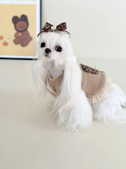 Pet Flower Plush Coat Dog Flower Cake Skirt Cute Dog Plush Hat Dog Clothes Winter Bear Flower Plush Thick Vest Coat Bottom Skirt