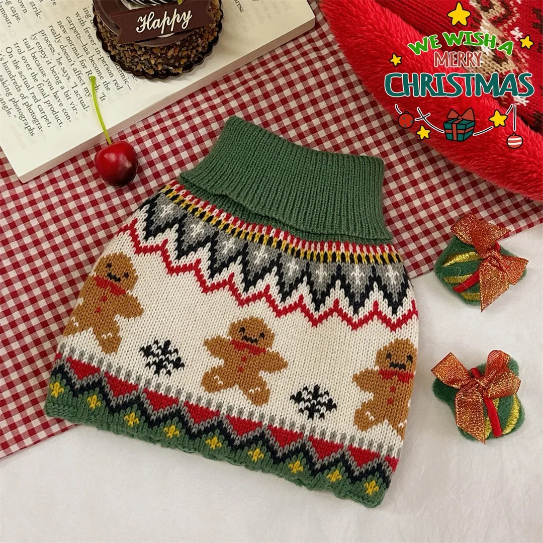 Christmas Dog Sweater with Reindeer Pattern, Red Green High Neck Pullover for Dogs Cats, Warm Winter Puppy Clothes Holiday Wear