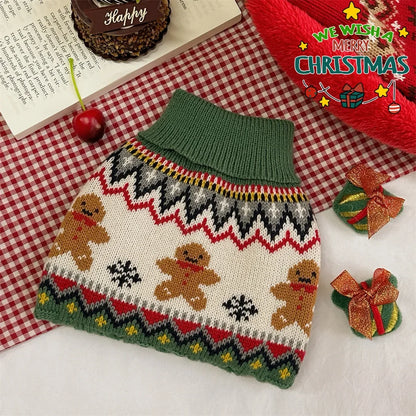 Christmas Dog Sweater with Reindeer Pattern, Red Green High Neck Pullover for Dogs Cats, Warm Winter Puppy Clothes Holiday Wear