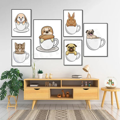 Cat in coffee mug, guinea pig, pug, rabbit, elephant, cat, mug animal canvas poster art picture home decor