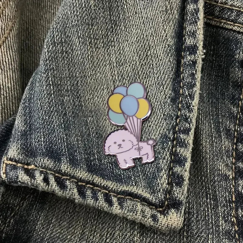 Vivi Dog with Balloons Enamel Pin Mini Puppy Bichon Frise Cute Dog Pet Brooch Badge