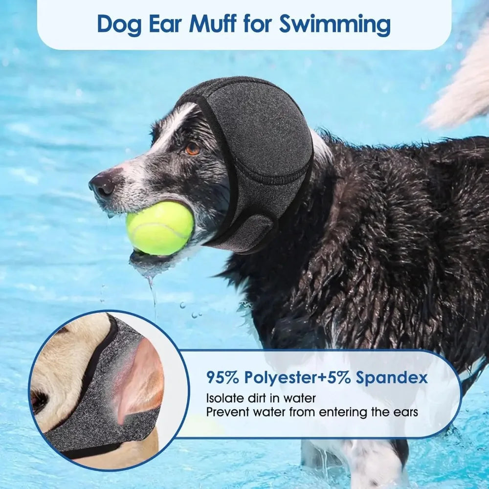 the CALMWAVE EAR SHIELDS - Waterproof Dog Earmuffs for Swimming & Grooming - Noise Cancelling Calming Hood for Pet Anxiety, Relief & Shock Prevention