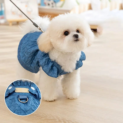 Denim Dog Dresses for Small Dogs, Puppy Girl Clothes with Leash Ring, Flying Sleeves, Summer Cat Apparel, Blue Chihuahua Outfits