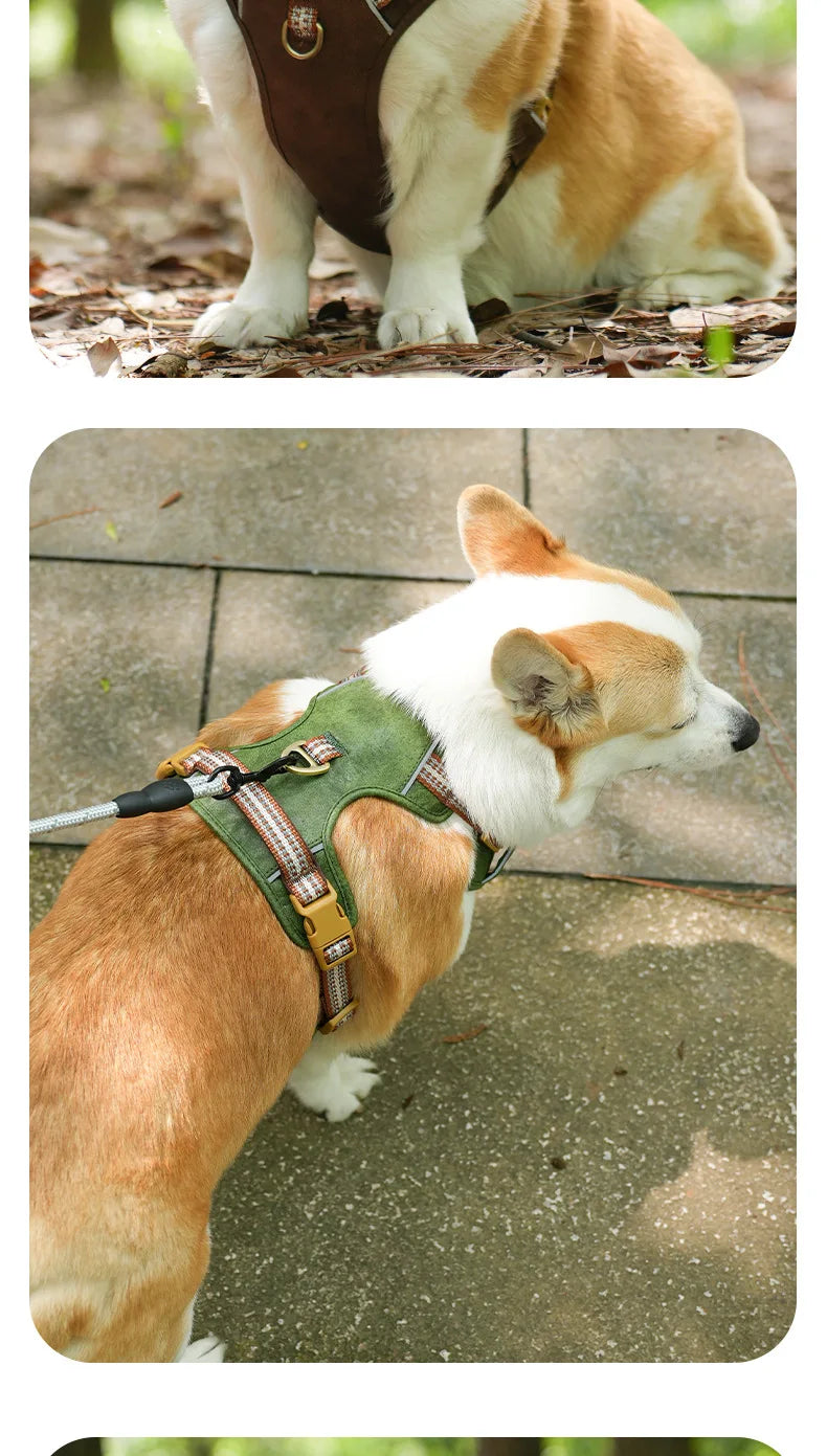 Retro leather pet chest strap, explosion-proof, reflective dog chest and back, breathable and adjustable